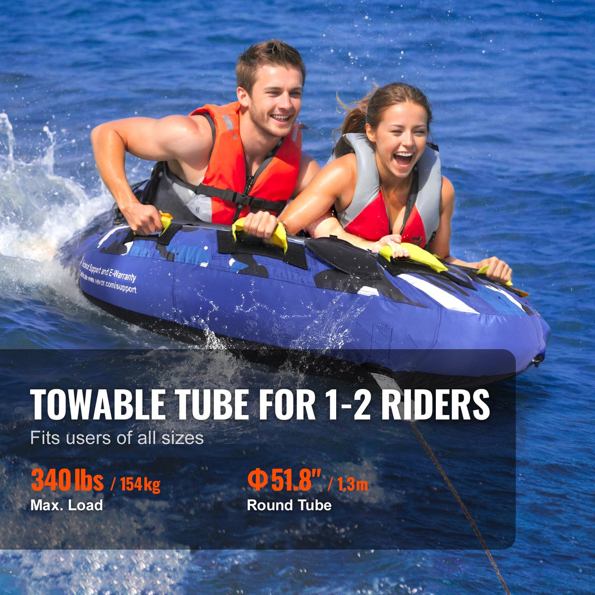 VEVOR Towable Tube for Boating, 340 lbs, 1-2 Riders Inflatable Boat Tubes and Towables, 51.8" Round Water Sport Towable Tube for Boat to Pull, Full Nylon Cover, EVA Grab Handles and Speed Safety Valve - CQTLPDYX2R00WRC12V0 - view 4