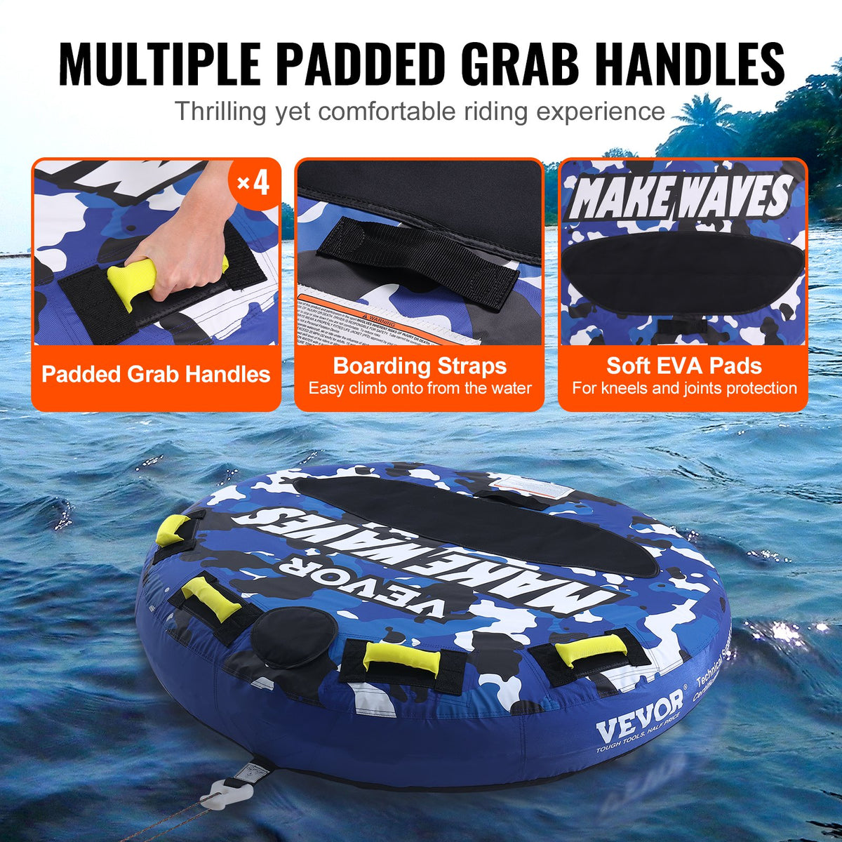 VEVOR Towable Tube for Boating, 340 lbs, 1-2 Riders Inflatable Boat Tubes and Towables, 51.8" Round Water Sport Towable Tube for Boat to Pull, Full Nylon Cover, EVA Grab Handles and Speed Safety Valve - CQTLPDYX2R00WRC12V0 - view 6
