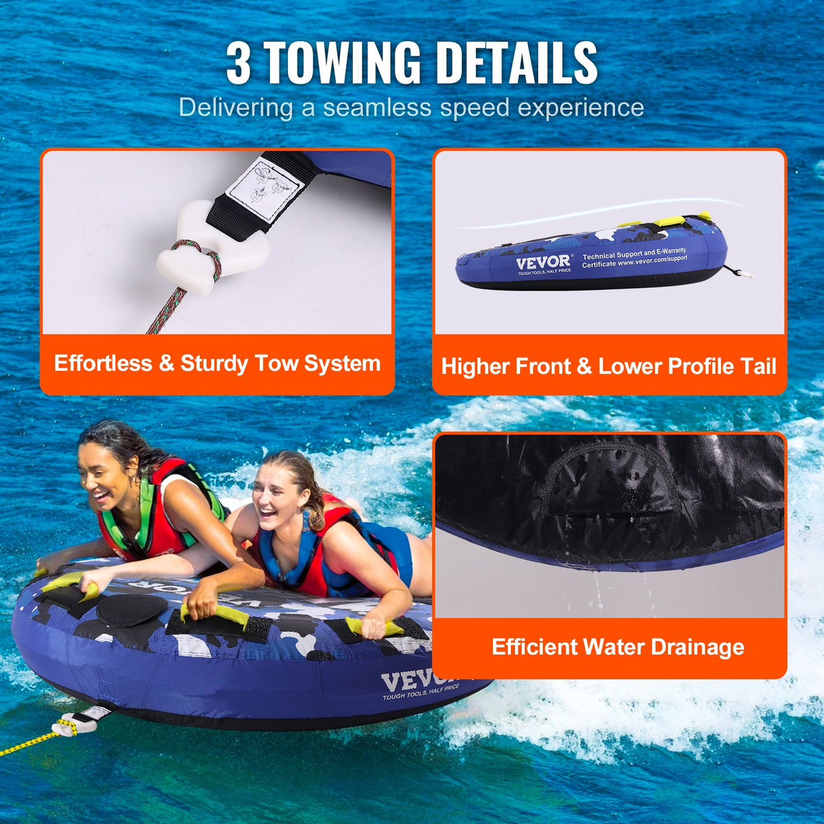 VEVOR Towable Tube for Boating, 340 lbs, 1-2 Riders Inflatable Boat Tubes and Towables, 51.8" Round Water Sport Towable Tube for Boat to Pull, Full Nylon Cover, EVA Grab Handles and Speed Safety Valve - CQTLPDYX2R00WRC12V0 - view 7