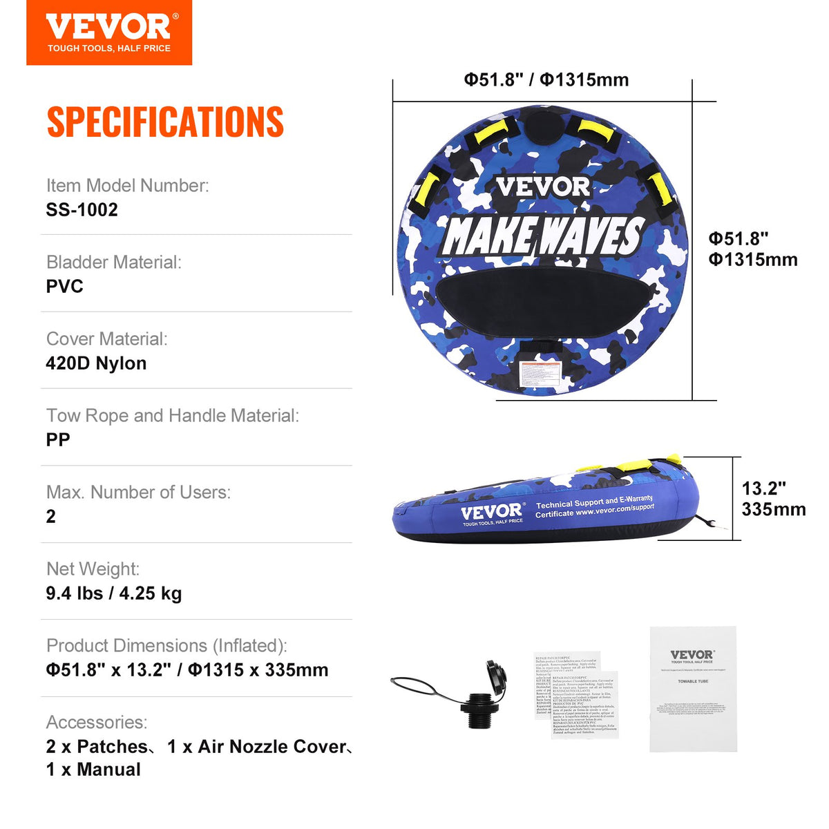 VEVOR Towable Tube for Boating, 340 lbs, 1-2 Riders Inflatable Boat Tubes and Towables, 51.8" Round Water Sport Towable Tube for Boat to Pull, Full Nylon Cover, EVA Grab Handles and Speed Safety Valve - CQTLPDYX2R00WRC12V0 - view 8