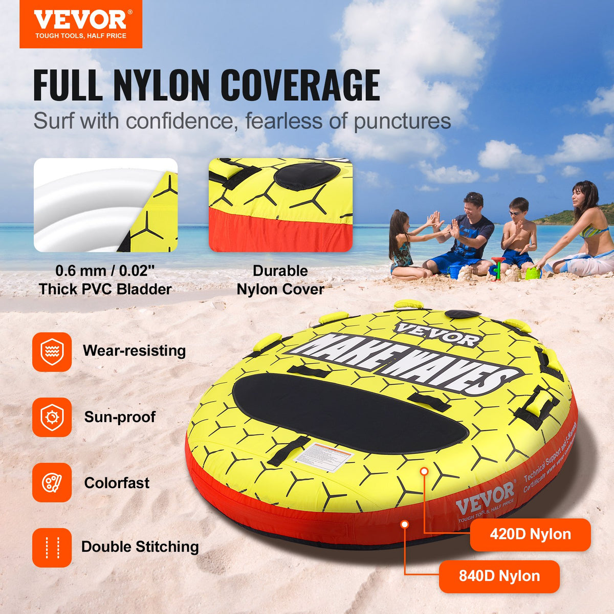 VEVOR Towable Tube for Boating, 1-3 Riders Inflatable Boat Tubes and Towables, 510 lbs, 63" Round Water Sport Towable Tubes for Boats to Pull, Full Nylon Cover, EVA Grab Handles and Speed Safety Valve - CQTLPDYX3R000A9FSV0 - view 3
