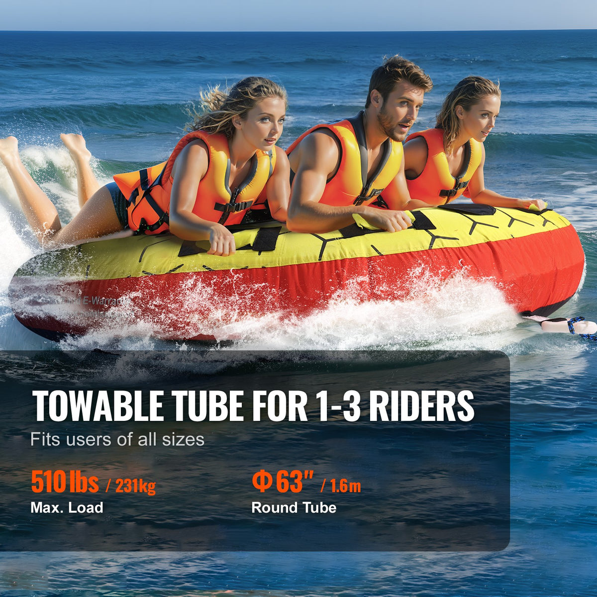 VEVOR Towable Tube for Boating, 1-3 Riders Inflatable Boat Tubes and Towables, 510 lbs, 63" Round Water Sport Towable Tubes for Boats to Pull, Full Nylon Cover, EVA Grab Handles and Speed Safety Valve - CQTLPDYX3R000A9FSV0 - view 4