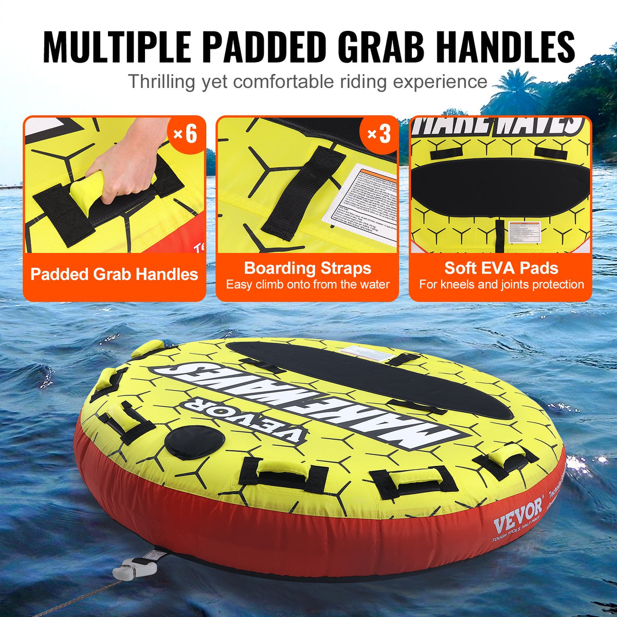 VEVOR Towable Tube for Boating, 1-3 Riders Inflatable Boat Tubes and Towables, 510 lbs, 63" Round Water Sport Towable Tubes for Boats to Pull, Full Nylon Cover, EVA Grab Handles and Speed Safety Valve - CQTLPDYX3R000A9FSV0 - view 6