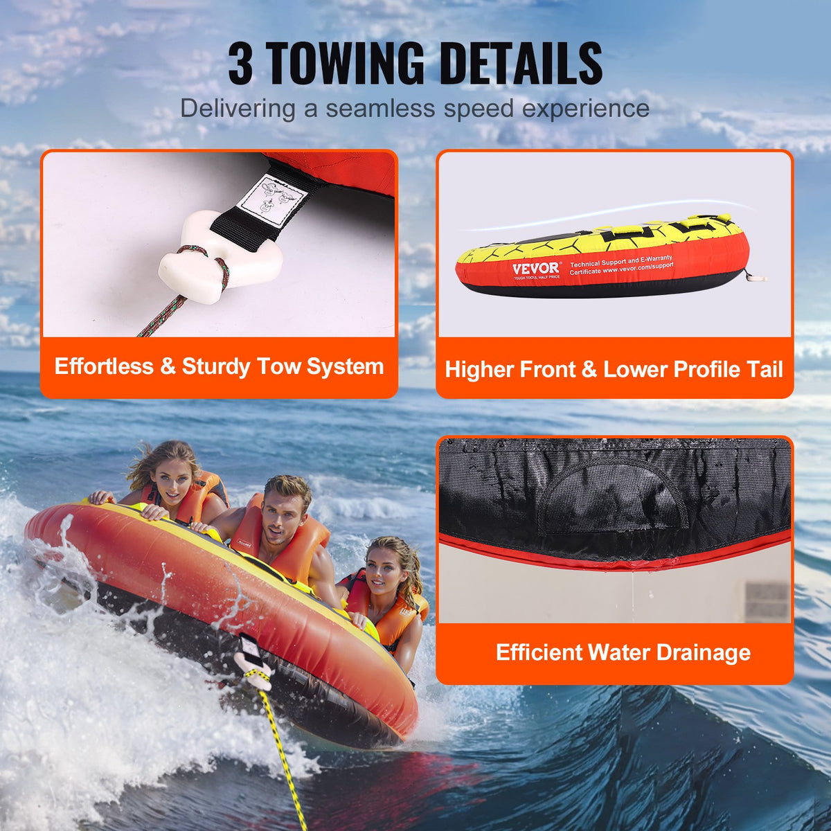 VEVOR Towable Tube for Boating, 1-3 Riders Inflatable Boat Tubes and Towables, 510 lbs, 63" Round Water Sport Towable Tubes for Boats to Pull, Full Nylon Cover, EVA Grab Handles and Speed Safety Valve - CQTLPDYX3R000A9FSV0 - view 7