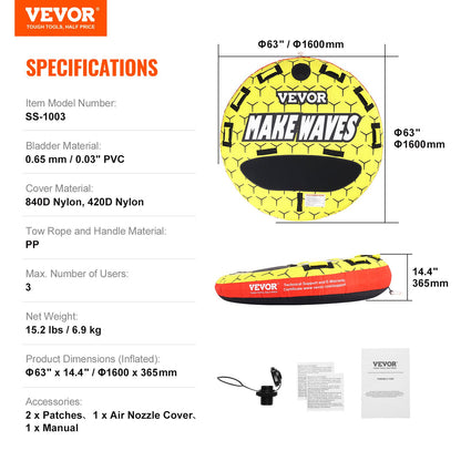 VEVOR Towable Tube for Boating, 1-3 Riders Inflatable Boat Tubes and Towables, 510 lbs, 63" Round Water Sport Towable Tubes for Boats to Pull, Full Nylon Cover, EVA Grab Handles and Speed Safety Valve - CQTLPDYX3R000A9FSV0 - view 8