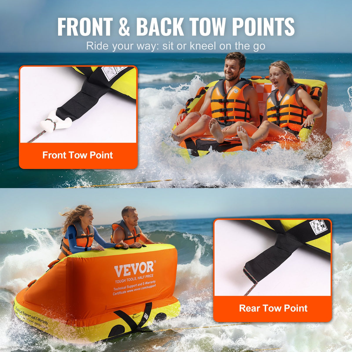 VEVOR Towable Tube for Boating, 1-2 Riders Inflatable Towable Tubes with Deck Seats and Backrest, 340 lbs Water Sport Tube for Boat to Pull, Full Nylon Cover, EVA Grab Handles and Speed Safety Valve - CQTLSFDX2R00U07GEV0 - view 6