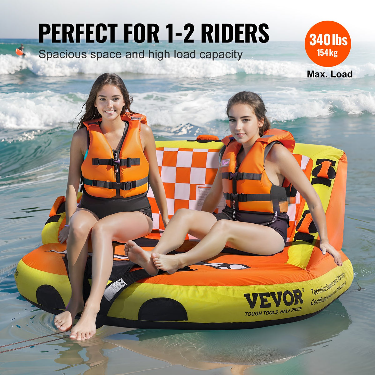 VEVOR Towable Tube for Boating, 1-2 Riders Inflatable Towable Tubes with Deck Seats and Backrest, 340 lbs Water Sport Tube for Boat to Pull, Full Nylon Cover, EVA Grab Handles and Speed Safety Valve - CQTLSFDX2R00U07GEV0 - view 7