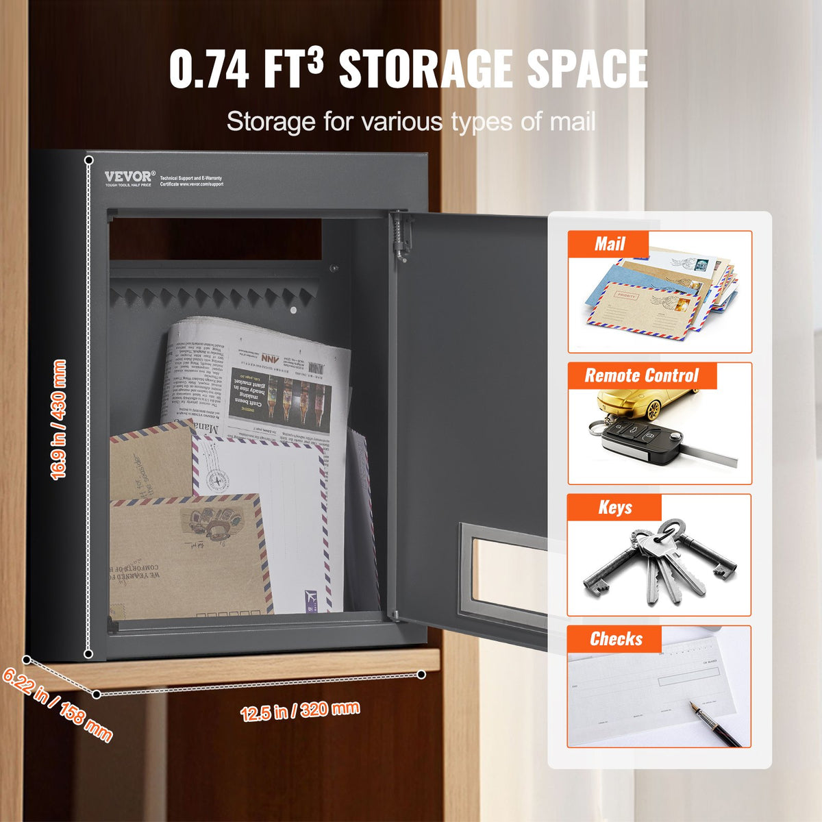 VEVOR Through The Wall Drop Box, Heavy Duty Steel Through The Wall Mailbox with 2.8-7.9" 13" Combination Lock, 12.5x6.3x16.9 Mail Drop Box, Dark Gray - CQXBX1256316FDZEXV0 - view 4