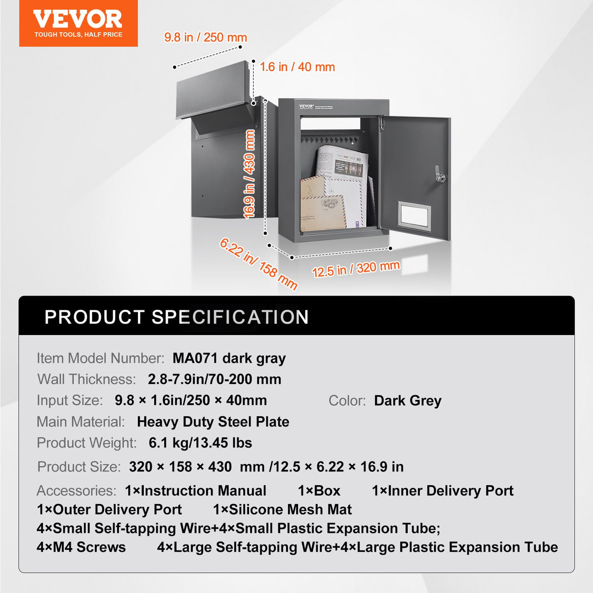VEVOR Through The Wall Drop Box, Heavy Duty Steel Through The Wall Mailbox with 2.8-7.9" 13" Combination Lock, 12.5x6.3x16.9 Mail Drop Box, Dark Gray - CQXBX1256316FDZEXV0 - view 8