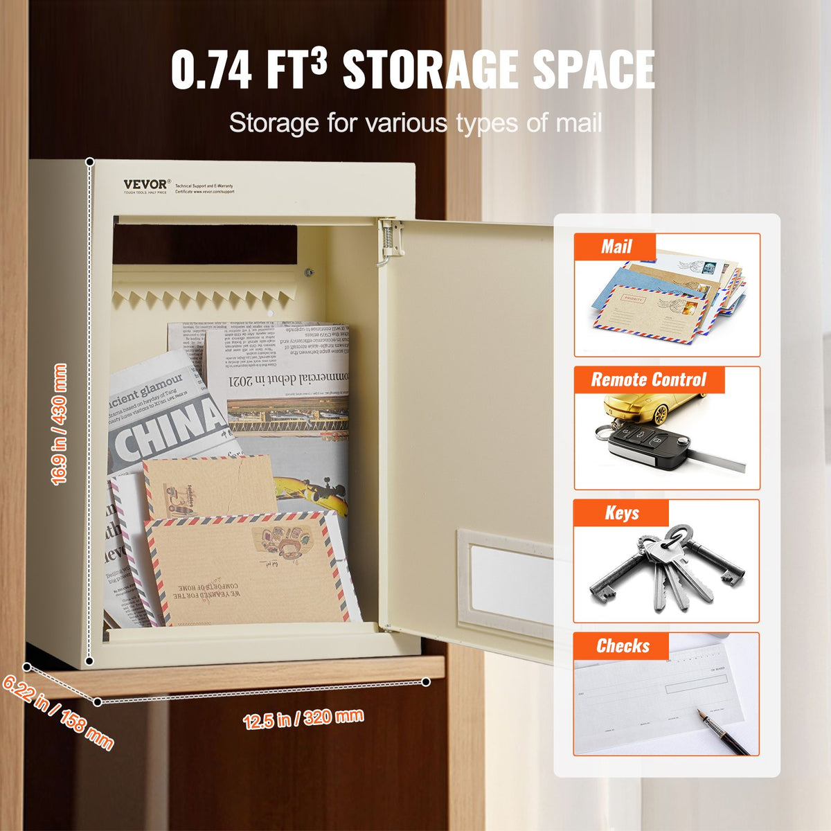 VEVOR Through The Wall Drop Box, Heavy Duty Steel Through the Wall Mailbox with 2.8-7.9" 13" Combination Lock, 12.5x6.3x16.9" Mail Drop Box, Beige - CQXBX1256316LTPS8V0 - view 4