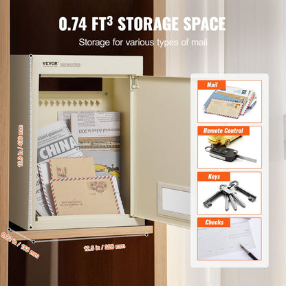 VEVOR Through The Wall Drop Box, Heavy Duty Steel Through the Wall Mailbox with 2.8-7.9" 13" Combination Lock, 12.5x6.3x16.9" Mail Drop Box, Beige - CQXBX1256316LTPS8V0 - view 4
