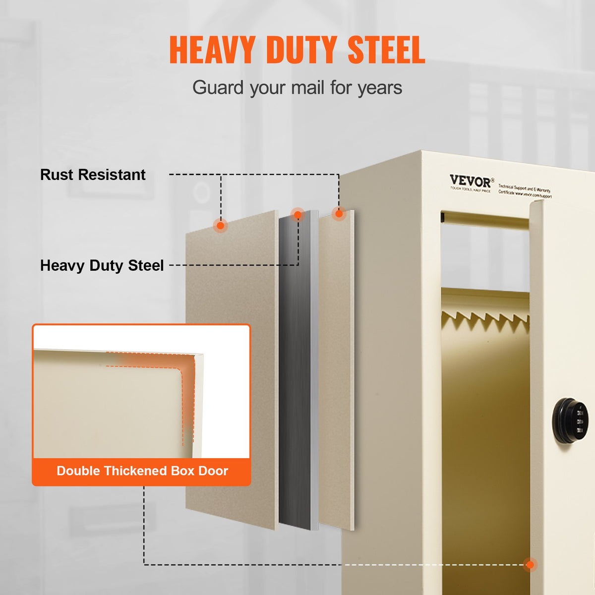 VEVOR Through The Wall Drop Box, Heavy Duty Steel Through the Wall Mailbox with 2.8-7.9" 13" Combination Lock, 12.5x6.3x16.9" Mail Drop Box, Beige - CQXBX1256316LTPS8V0 - view 5