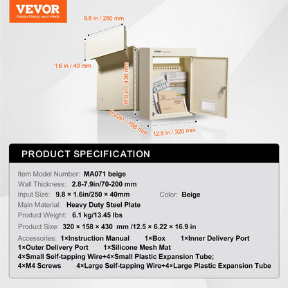 VEVOR Through The Wall Drop Box, Heavy Duty Steel Through the Wall Mailbox with 2.8-7.9" 13" Combination Lock, 12.5x6.3x16.9" Mail Drop Box, Beige - CQXBX1256316LTPS8V0 - view 8