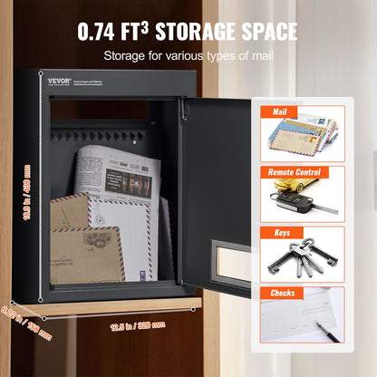 VEVOR Through The Wall Drop Box, Heavy Duty Steel Through the Wall Mailbox with 2.8-7.9" 13" Combination Lock, 12.5x6.3x16.9" Mail Drop Box, Black - CQXBX1256316TJ1FSV0 - view 4