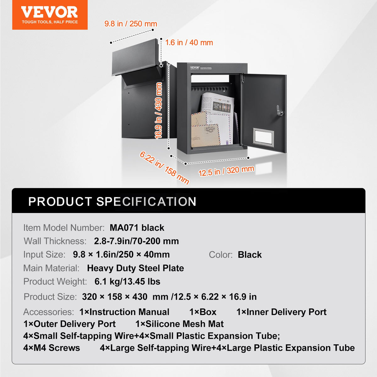 VEVOR Through The Wall Drop Box, Heavy Duty Steel Through the Wall Mailbox with 2.8-7.9" 13" Combination Lock, 12.5x6.3x16.9" Mail Drop Box, Black - CQXBX1256316TJ1FSV0 - view 8