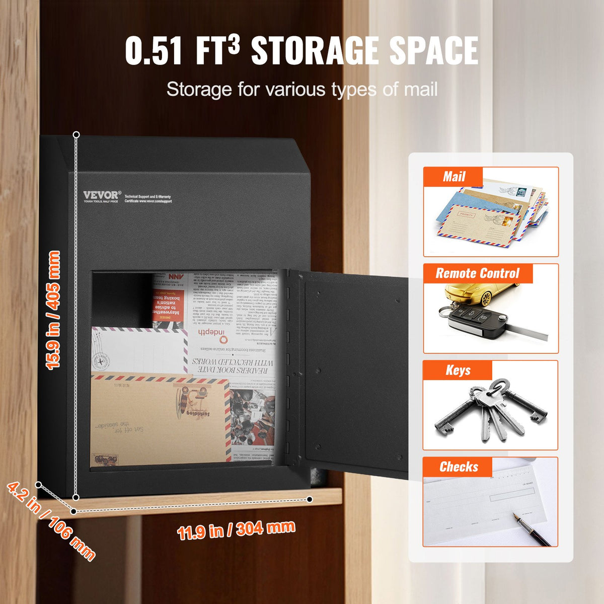 VEVOR Through The Door Key Drop Box, Heavy Duty Steel Through the Door Mailbox with 1.8" 12" Key Lock, 12x6x16" Mail Drop Box, Black - CQXBX12616INYUG59V0 - view 4