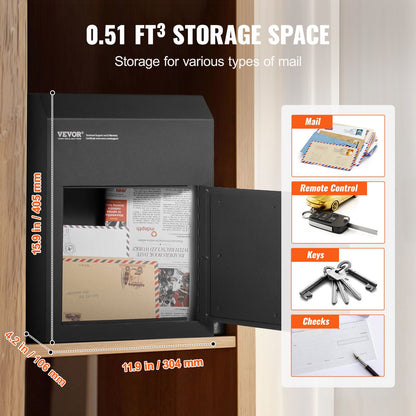 VEVOR Through The Door Key Drop Box, Heavy Duty Steel Through the Door Mailbox with 1.8" 12" Key Lock, 12x6x16" Mail Drop Box, Black - CQXBX12616INYUG59V0 - view 4