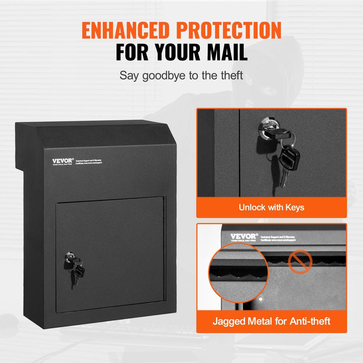 VEVOR Through The Door Key Drop Box, Heavy Duty Steel Through the Door Mailbox with 1.8" 12" Key Lock, 12x6x16" Mail Drop Box, Black - CQXBX12616INYUG59V0 - view 6