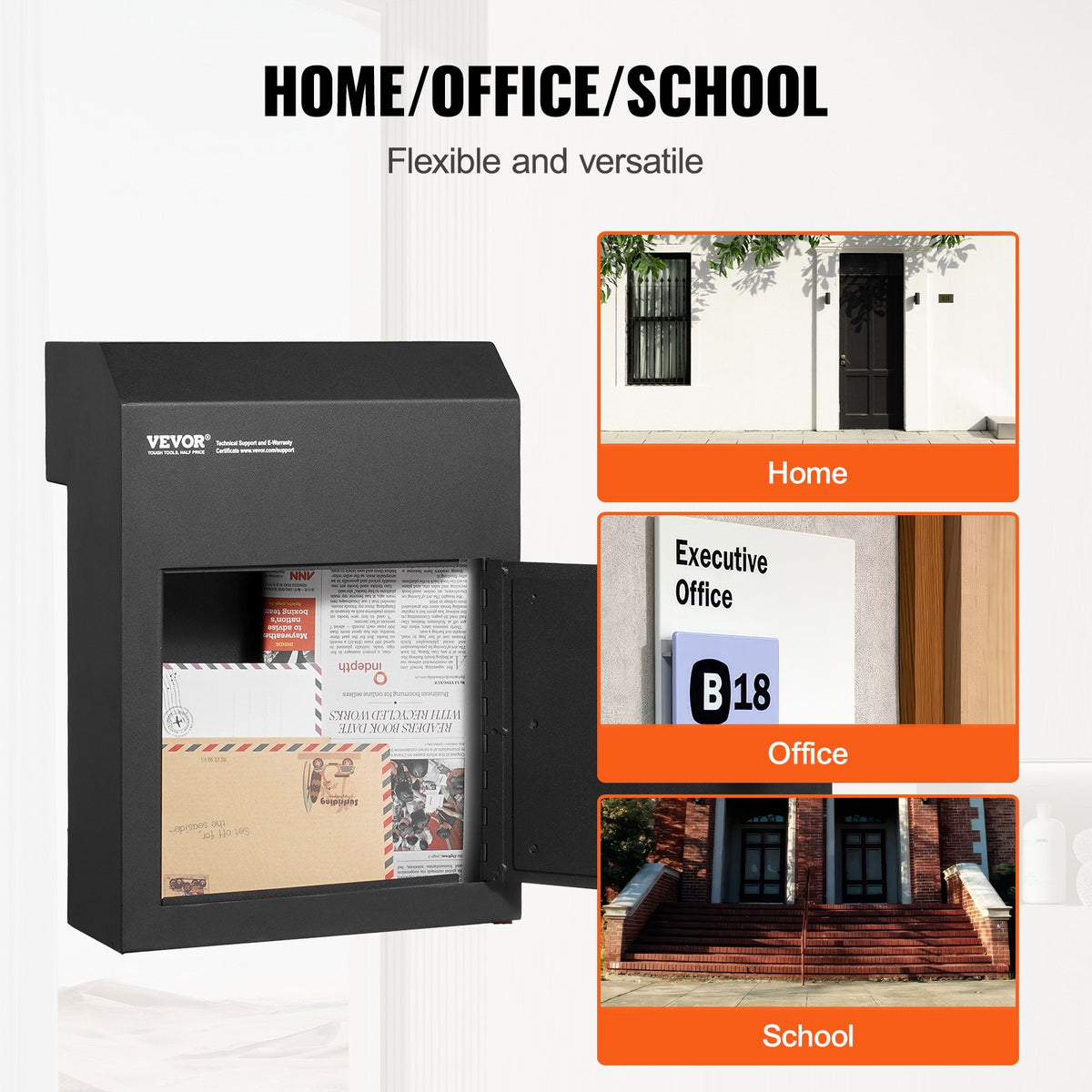 VEVOR Through The Door Key Drop Box, Heavy Duty Steel Through the Door Mailbox with 1.8" 12" Key Lock, 12x6x16" Mail Drop Box, Black - CQXBX12616INYUG59V0 - view 7