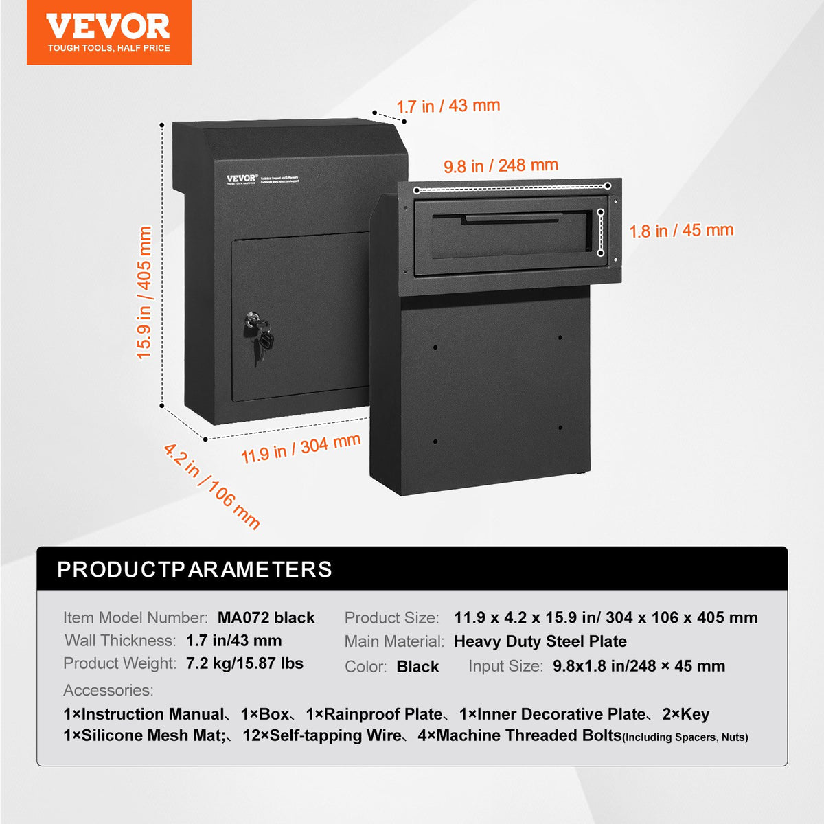 VEVOR Through The Door Key Drop Box, Heavy Duty Steel Through the Door Mailbox with 1.8" 12" Key Lock, 12x6x16" Mail Drop Box, Black - CQXBX12616INYUG59V0 - view 8