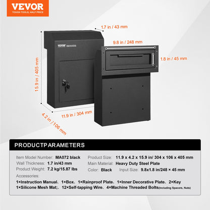 VEVOR Through The Door Key Drop Box, Heavy Duty Steel Through the Door Mailbox with 1.8" 12" Key Lock, 12x6x16" Mail Drop Box, Black - CQXBX12616INYUG59V0 - view 8