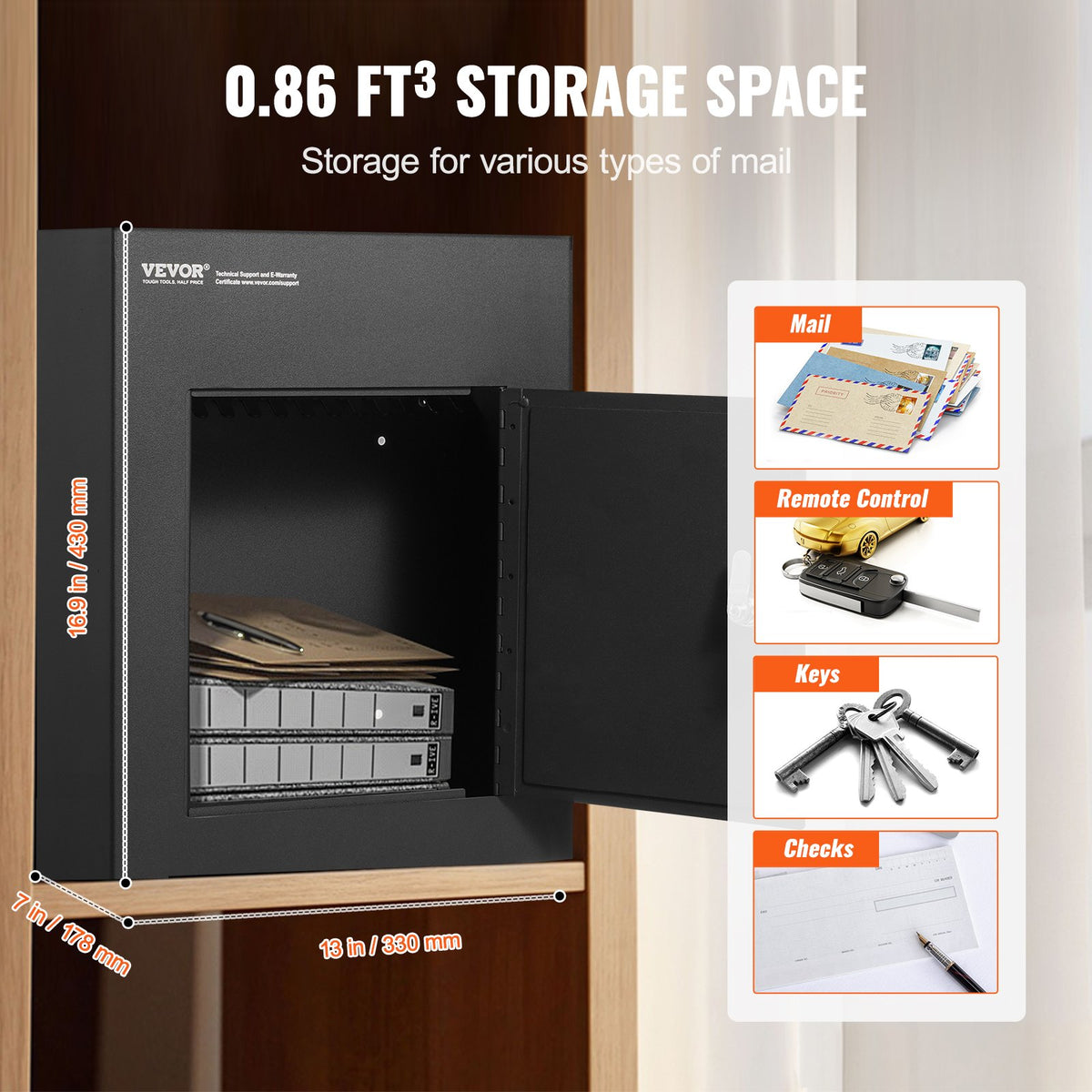 VEVOR Through The Wall Drop Box, Heavy Duty Steel Through the Wall Mailbox with 2.8-7.9" 13" Combination Lock, 13x7x17" Mail Drop Box, Black - CQXBX13717IN9YIN4V0 - view 4