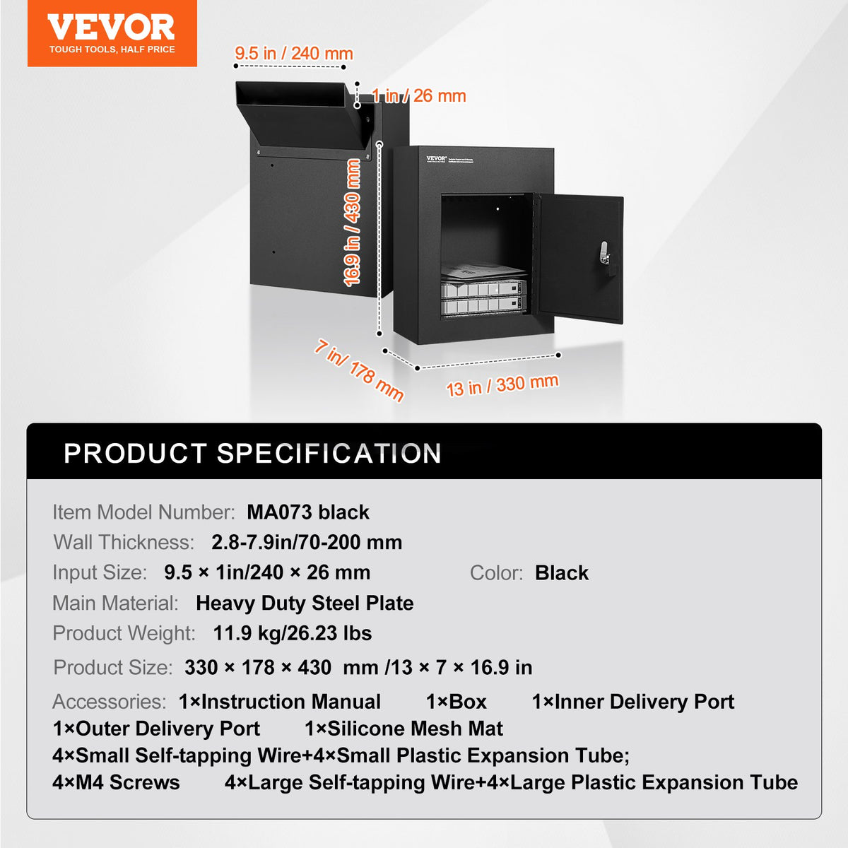 VEVOR Through The Wall Drop Box, Heavy Duty Steel Through the Wall Mailbox with 2.8-7.9" 13" Combination Lock, 13x7x17" Mail Drop Box, Black - CQXBX13717IN9YIN4V0 - view 8