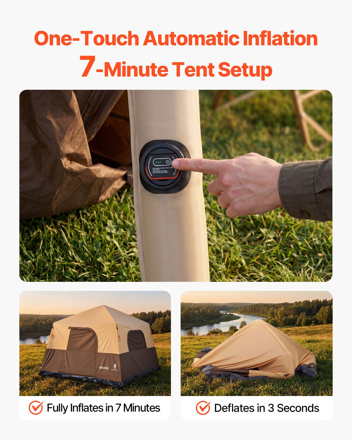 VEVOR Camping Tent, 6 Person Inflatable Cabin Tent with Rechargeable Pump, TPU Air Tube & 4 Large Mesh Windows, Portable Easy Setup Waterproof with Carry Bag for Family Outdoor Camping & Hiking, Beige - CQZ1010FTZDBLVJT8001V9 - view 3