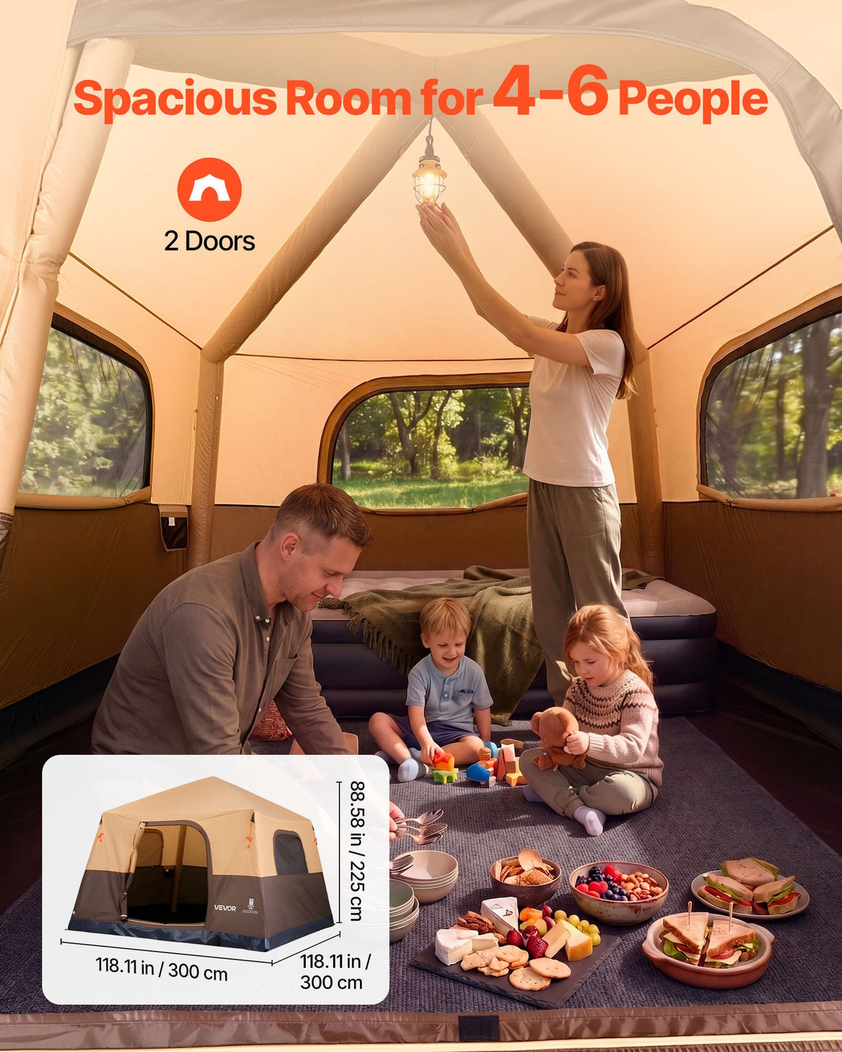 VEVOR Camping Tent, 6 Person Inflatable Cabin Tent with Rechargeable Pump, TPU Air Tube & 4 Large Mesh Windows, Portable Easy Setup Waterproof with Carry Bag for Family Outdoor Camping & Hiking, Beige - CQZ1010FTZDBLVJT8001V9 - view 5
