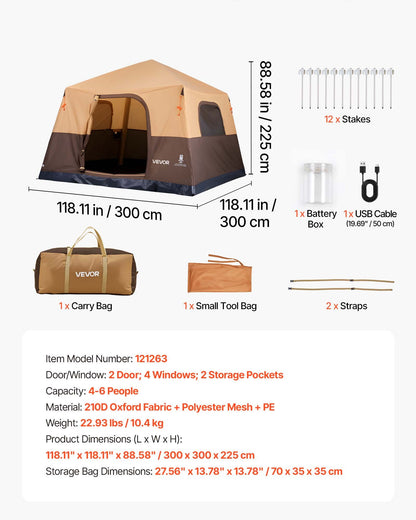 VEVOR Camping Tent, 6 Person Inflatable Cabin Tent with Rechargeable Pump, TPU Air Tube & 4 Large Mesh Windows, Portable Easy Setup Waterproof with Carry Bag for Family Outdoor Camping & Hiking, Beige - CQZ1010FTZDBLVJT8001V9 - view 8