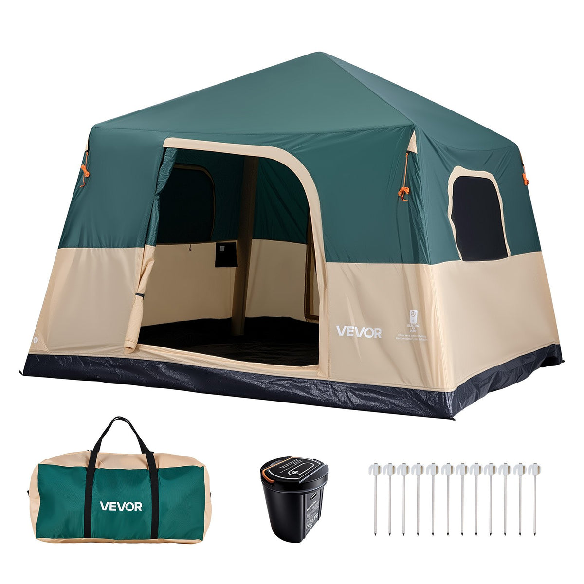 VEVOR Camping Tent, 6 Person Inflatable Cabin Tent with Rechargeable Pump, TPU Air Tube & 4 Large Mesh Windows, Portable Easy Setup Waterproof with Carry Bag for Family Outdoor Camping & Hiking, Green - CQZ1010FTZDBO29S9001V9 - view 1