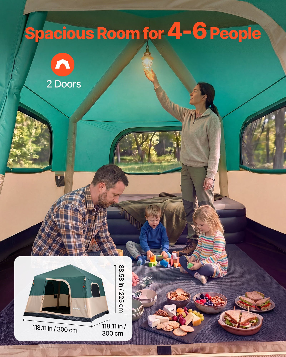 VEVOR Camping Tent, 6 Person Inflatable Cabin Tent with Rechargeable Pump, TPU Air Tube & 4 Large Mesh Windows, Portable Easy Setup Waterproof with Carry Bag for Family Outdoor Camping & Hiking, Green - CQZ1010FTZDBO29S9001V9 - view 5