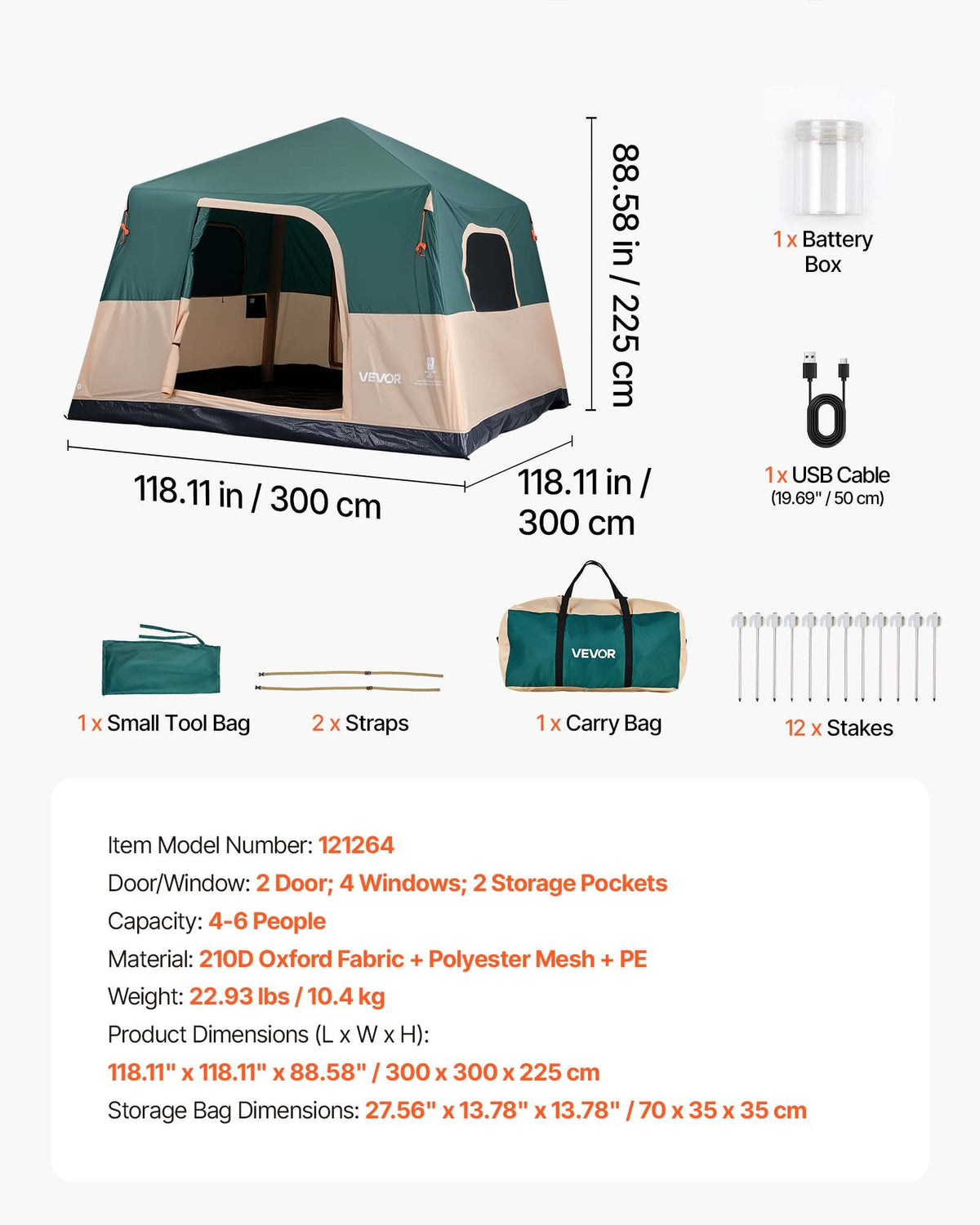VEVOR Camping Tent, 6 Person Inflatable Cabin Tent with Rechargeable Pump, TPU Air Tube & 4 Large Mesh Windows, Portable Easy Setup Waterproof with Carry Bag for Family Outdoor Camping & Hiking, Green - CQZ1010FTZDBO29S9001V9 - view 8