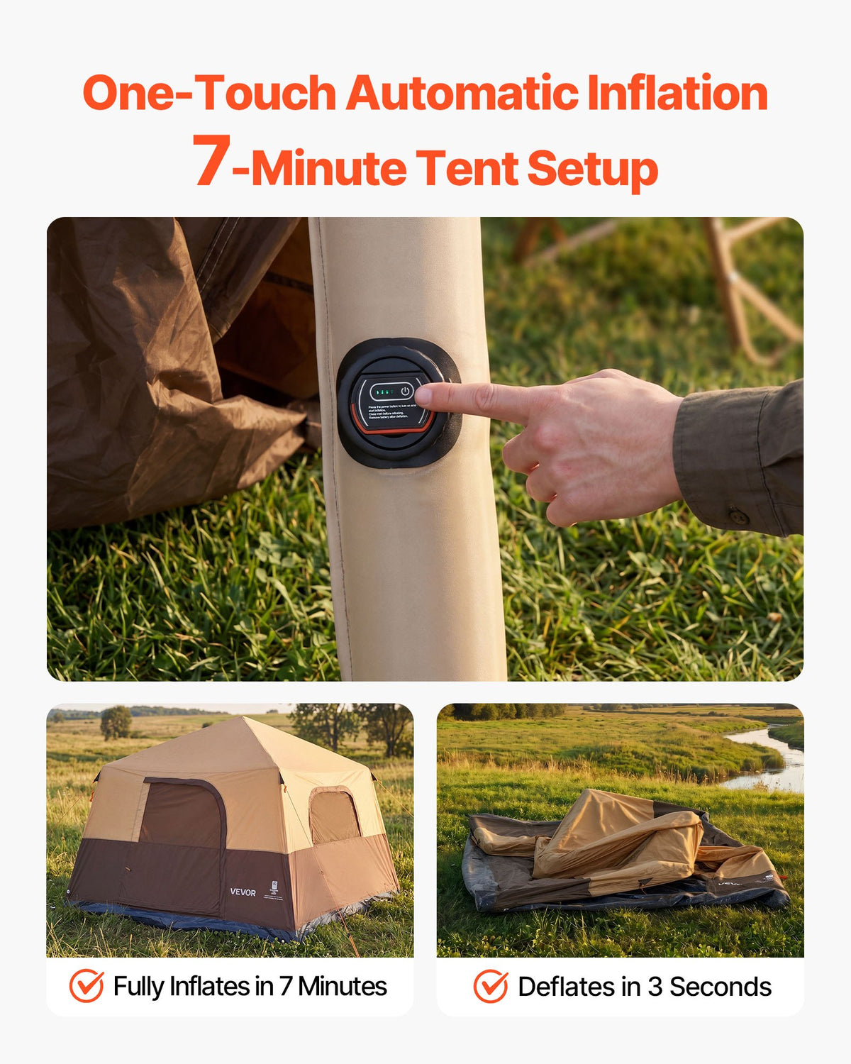 VEVOR Camping Tent, 8 Person Inflatable Cabin Tent with Rechargeable Pump, TPU Air Tube & 4 Large Mesh Windows, Portable Easy Setup Waterproof with Carry Bag for Family Outdoor Camping & Hiking, Beige - CQZ148FTZDBMI5I66001V9 - view 3