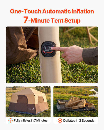 VEVOR Camping Tent, 8 Person Inflatable Cabin Tent with Rechargeable Pump, TPU Air Tube & 4 Large Mesh Windows, Portable Easy Setup Waterproof with Carry Bag for Family Outdoor Camping & Hiking, Beige - CQZ148FTZDBMI5I66001V9 - view 3