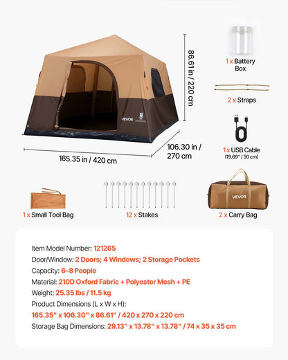 VEVOR Camping Tent, 8 Person Inflatable Cabin Tent with Rechargeable Pump, TPU Air Tube & 4 Large Mesh Windows, Portable Easy Setup Waterproof with Carry Bag for Family Outdoor Camping & Hiking, Beige - CQZ148FTZDBMI5I66001V9 - view 8