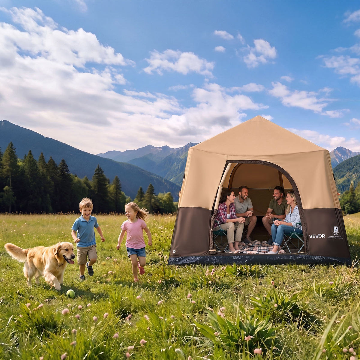 VEVOR Camping Tent, 8 Person Inflatable Cabin Tent with Rechargeable Pump, TPU Air Tube & 4 Large Mesh Windows, Portable Easy Setup Waterproof with Carry Bag for Family Outdoor Camping & Hiking, Beige - CQZ148FTZDBMI5I66001V9 - view 9