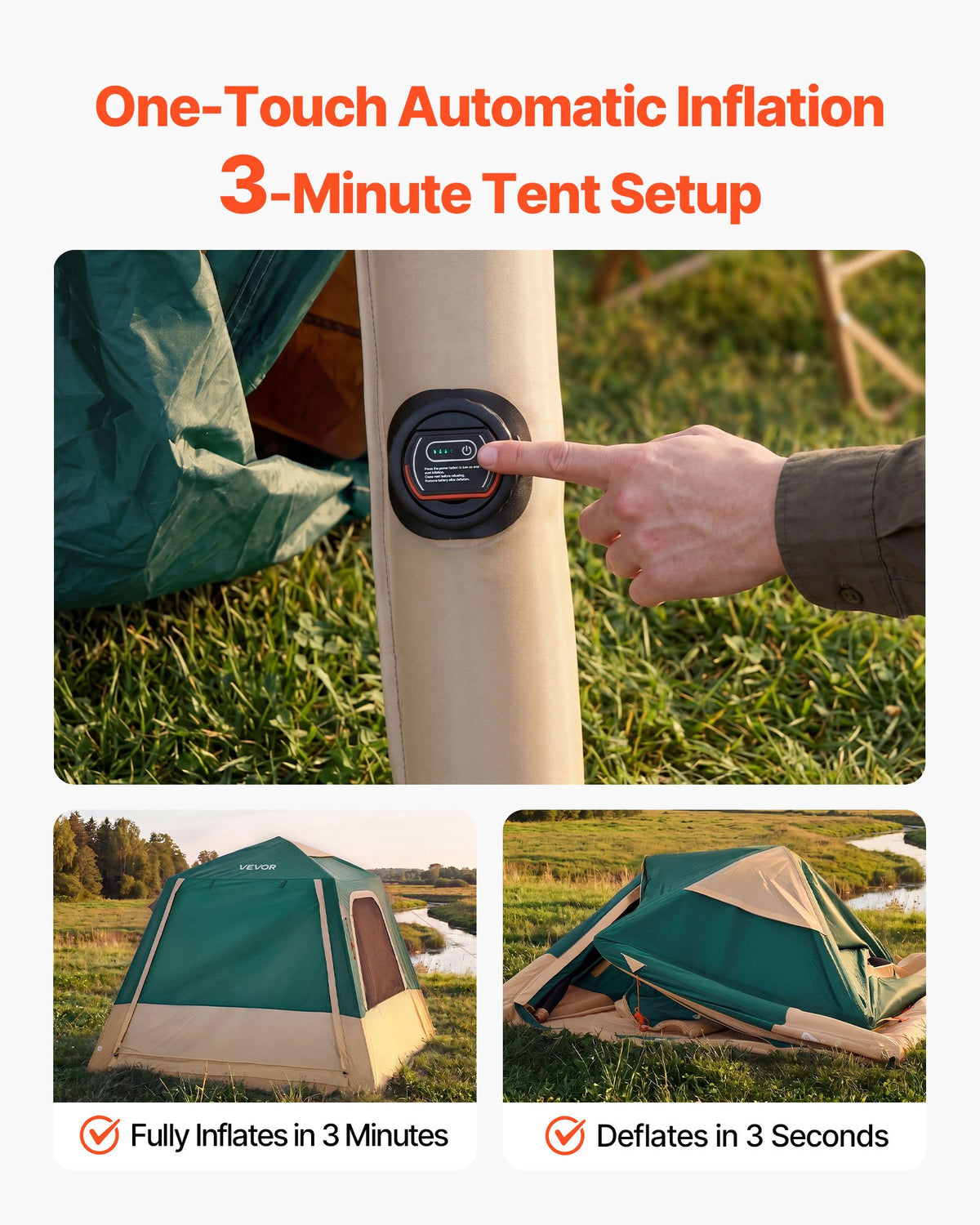 VEVOR Camping Tent, 4 Person Inflatable Cabin Tent with Rechargeable Pump, TPU Air Tube & 5 Large Mesh Windows, Portable Easy Setup Waterproof with Carry Bag for Family Outdoor Camping & Hiking, Green - CQZ7575FTZDBIYGL8001V9 - view 3