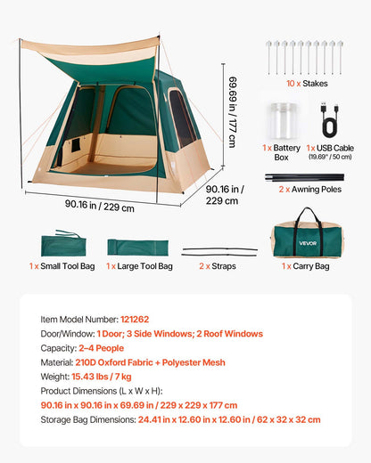 VEVOR Camping Tent, 4 Person Inflatable Cabin Tent with Rechargeable Pump, TPU Air Tube & 5 Large Mesh Windows, Portable Easy Setup Waterproof with Carry Bag for Family Outdoor Camping & Hiking, Green - CQZ7575FTZDBIYGL8001V9 - view 8