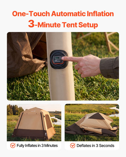 VEVOR Camping Tent, 4 Person Inflatable Cabin Tent with Rechargeable Pump, TPU Air Tube & 5 Large Mesh Windows, Portable Easy Setup Waterproof with Carry Bag for Family Outdoor Camping & Hiking, Beige - CQZ7575FTZDBV78KV001V9 - view 3