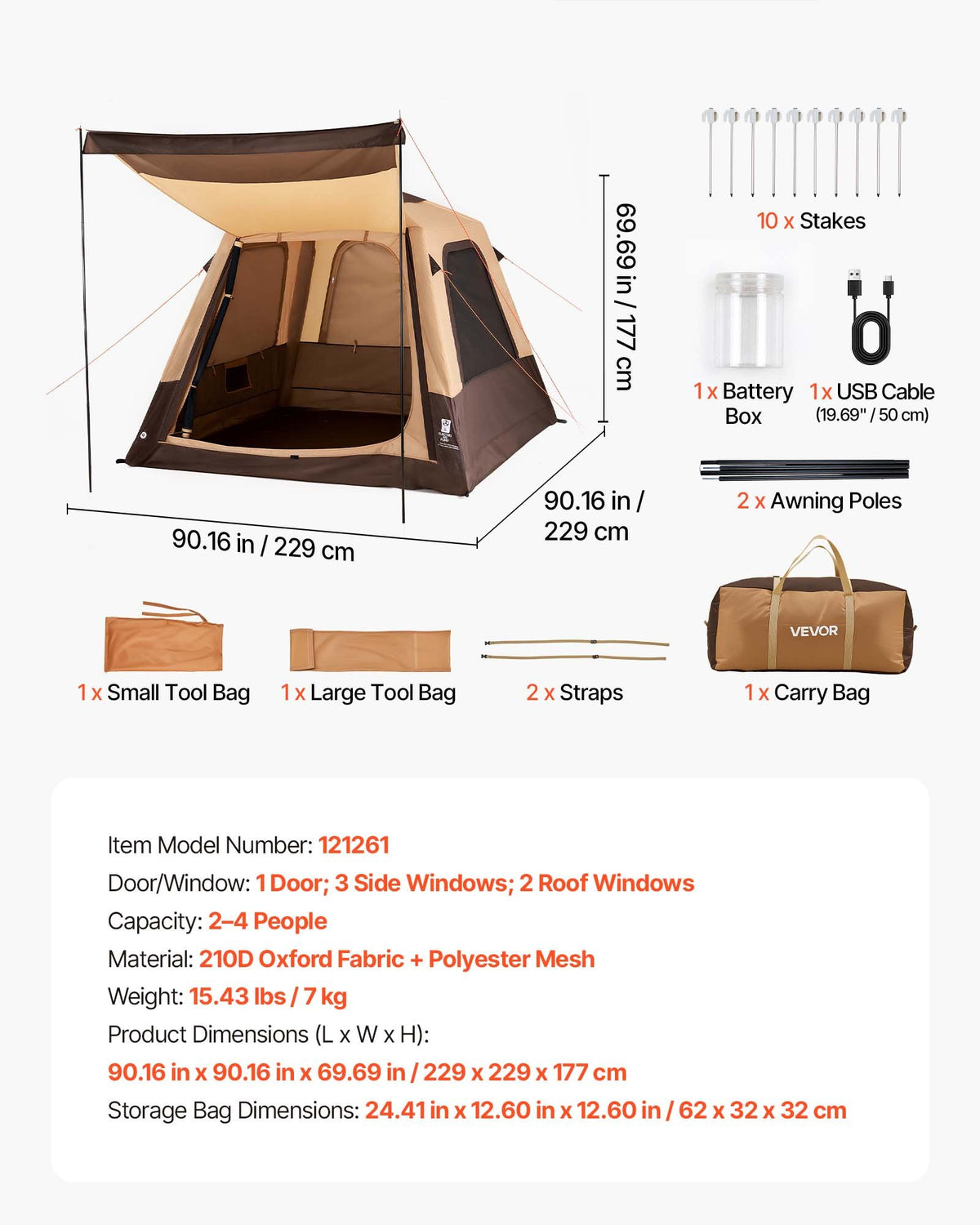 VEVOR Camping Tent, 4 Person Inflatable Cabin Tent with Rechargeable Pump, TPU Air Tube & 5 Large Mesh Windows, Portable Easy Setup Waterproof with Carry Bag for Family Outdoor Camping & Hiking, Beige - CQZ7575FTZDBV78KV001V9 - view 8