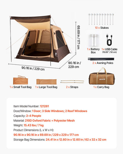 VEVOR Camping Tent, 4 Person Inflatable Cabin Tent with Rechargeable Pump, TPU Air Tube & 5 Large Mesh Windows, Portable Easy Setup Waterproof with Carry Bag for Family Outdoor Camping & Hiking, Beige - CQZ7575FTZDBV78KV001V9 - view 8