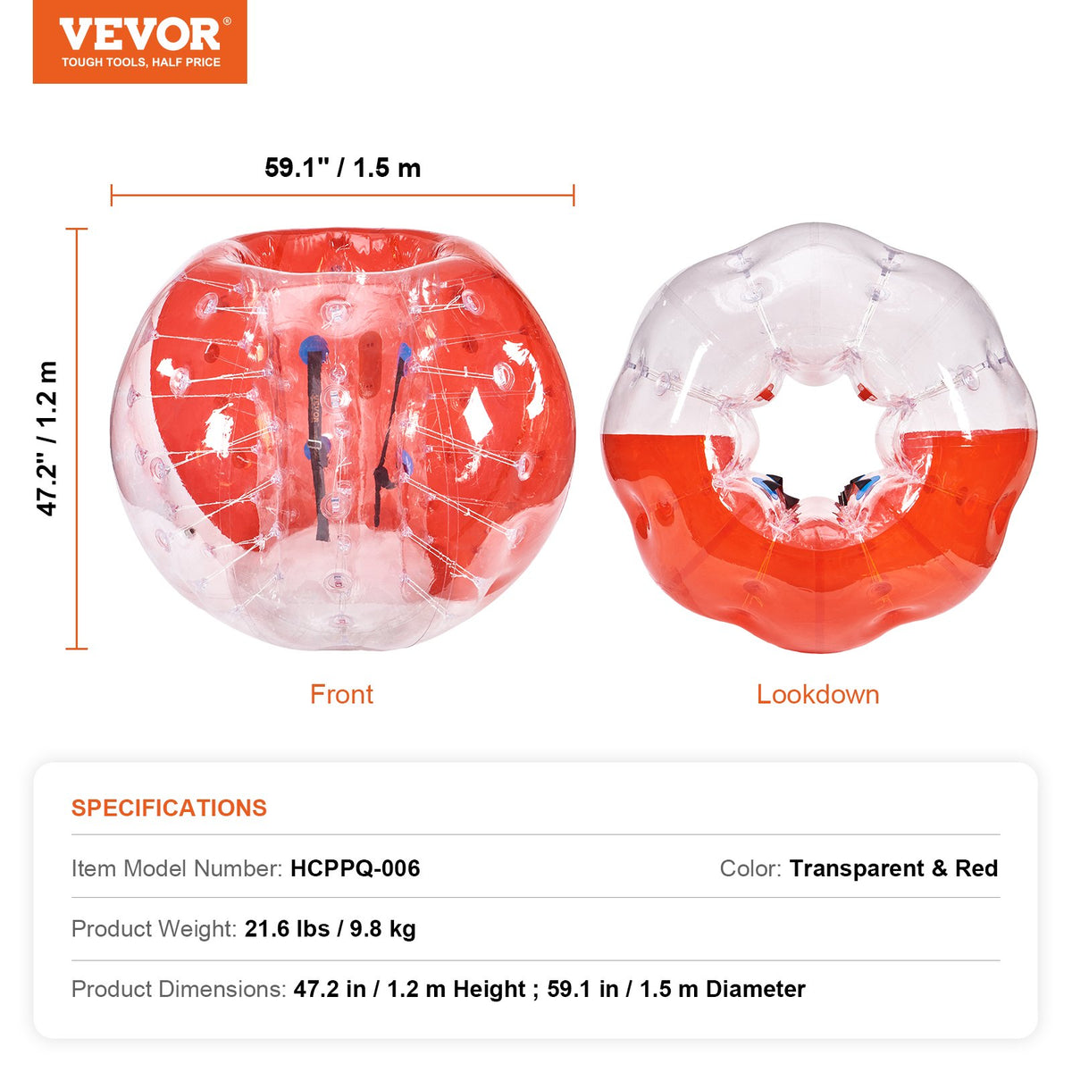 VEVOR Inflatable Bumper Ball 1-Pack, 5FT/1.5M Body Sumo Zorb Balls for Teen & Adult, 0.8mm Thick PVC Human Hamster Bubble Balls for Outdoor Team Gaming Play, Bumper Bopper Toys for Garden, Yard, Park - CRKCQPPQZJ5Y74IFGV0 - view 8
