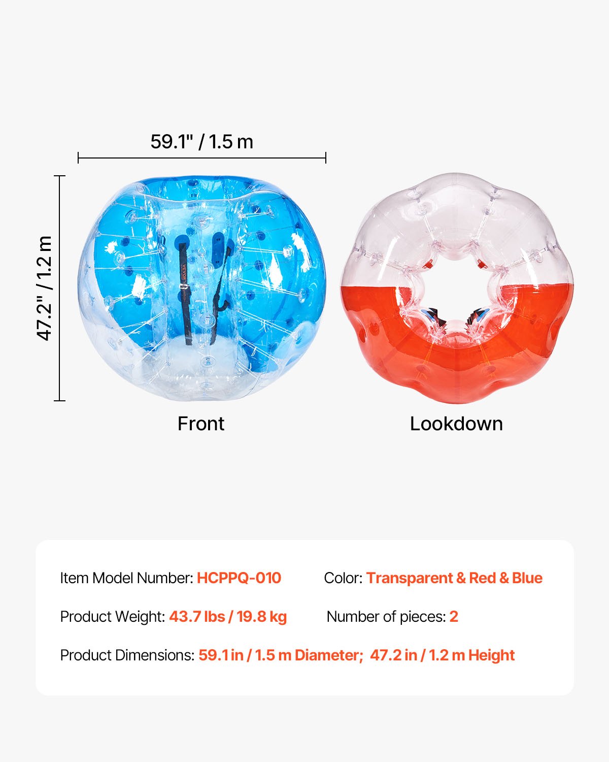 VEVOR Inflatable Bumper Balls 2-Pack, 5FT/1.5M Body Sumo Zorb Balls for Teen & Adult, 0.8mm Thick PVC Human Hamster Bubble Balls for Outdoor Team Gaming Play, Bumper Bopper Toys for Garden, Yard, Park - CRKCQPPQZJ5YVC2VZV0 - view 8