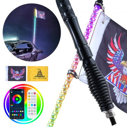 VEVOR 1 PC 3 FT Whip Light with Spring Base, Led Whip Light with APP & Remote Control, Waterproof 360° Spiral RGB Chasing Lighted Whip with 2 Flags, for UTVs, ATVs, Motorcycles, RZR, Can-am, Go-karts - CRKJPDHDZ3YCXFOKLV9 - view 2