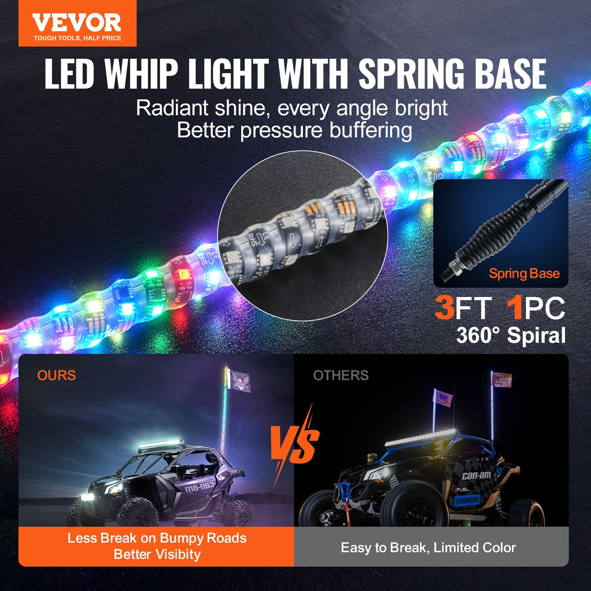 VEVOR 1 PC 3 FT Whip Light with Spring Base, Led Whip Light with APP & Remote Control, Waterproof 360° Spiral RGB Chasing Lighted Whip with 2 Flags, for UTVs, ATVs, Motorcycles, RZR, Can-am, Go-karts - CRKJPDHDZ3YCXFOKLV9 - view 3