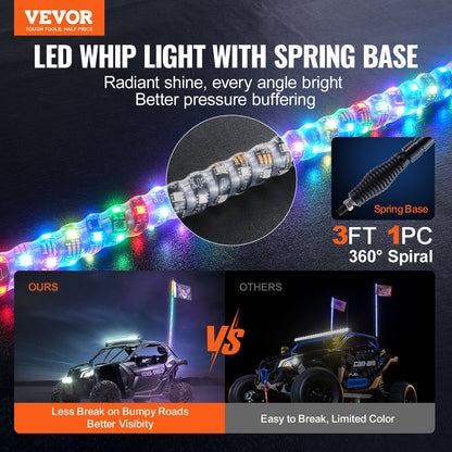 VEVOR 1 PC 3 FT Whip Light with Spring Base, Led Whip Light with APP & Remote Control, Waterproof 360° Spiral RGB Chasing Lighted Whip with 2 Flags, for UTVs, ATVs, Motorcycles, RZR, Can-am, Go-karts - CRKJPDHDZ3YCXFOKLV9 - view 3