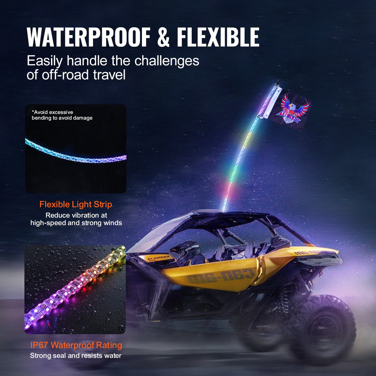 VEVOR 1 PC 3 FT Whip Light with Spring Base, Led Whip Light with APP & Remote Control, Waterproof 360° Spiral RGB Chasing Lighted Whip with 2 Flags, for UTVs, ATVs, Motorcycles, RZR, Can-am, Go-karts - CRKJPDHDZ3YCXFOKLV9 - view 6