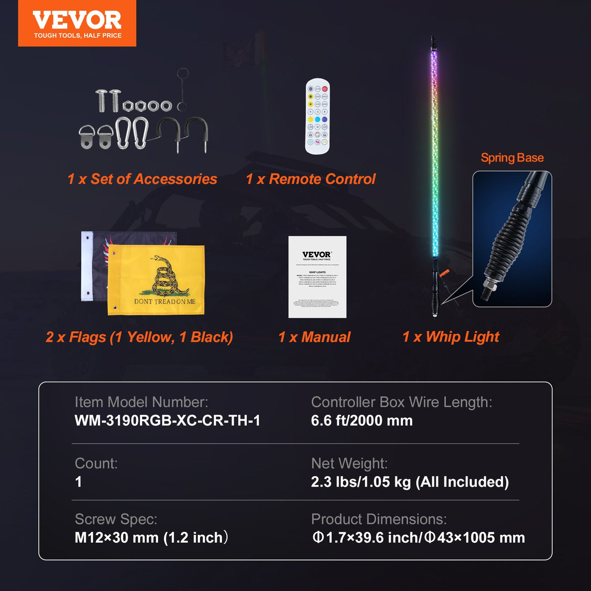 VEVOR 1 PC 3 FT Whip Light with Spring Base, Led Whip Light with APP & Remote Control, Waterproof 360° Spiral RGB Chasing Lighted Whip with 2 Flags, for UTVs, ATVs, Motorcycles, RZR, Can-am, Go-karts - CRKJPDHDZ3YCXFOKLV9 - view 8