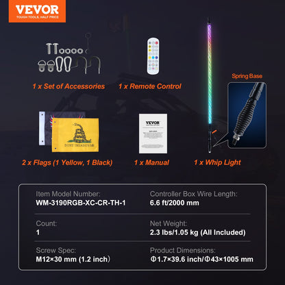 VEVOR 1 PC 3 FT Whip Light with Spring Base, Led Whip Light with APP & Remote Control, Waterproof 360° Spiral RGB Chasing Lighted Whip with 2 Flags, for UTVs, ATVs, Motorcycles, RZR, Can-am, Go-karts - CRKJPDHDZ3YCXFOKLV9 - view 8